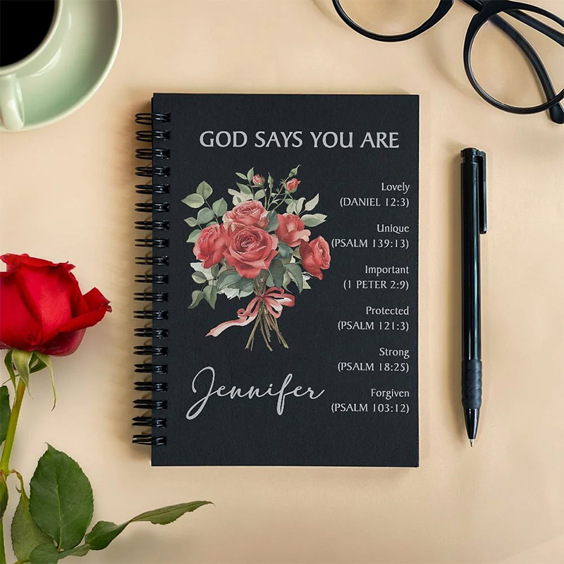 Personalized Birth Flower Bouquet Bible Verse A5 Spiral Notebook with Name Religious Baptism Gift Mother's Day Gift Birthday Gift for Christian Women