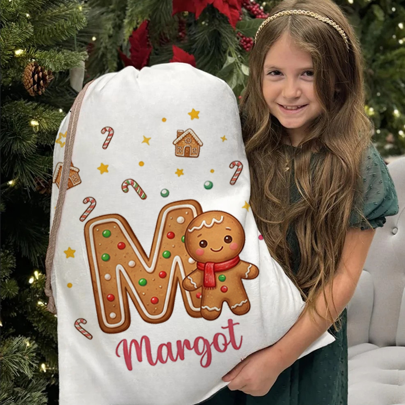 Personalized Christmas Gift Bags Custom Name Gingerbread Alphabet Santa Sack Holiday Present Storage