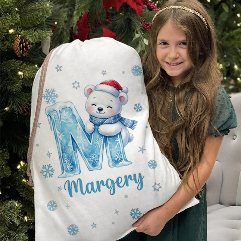 Personalized Christmas Gift Sack Custom Name Snow Bear Alphabet Santa Bag Holiday Present Storage For Kids