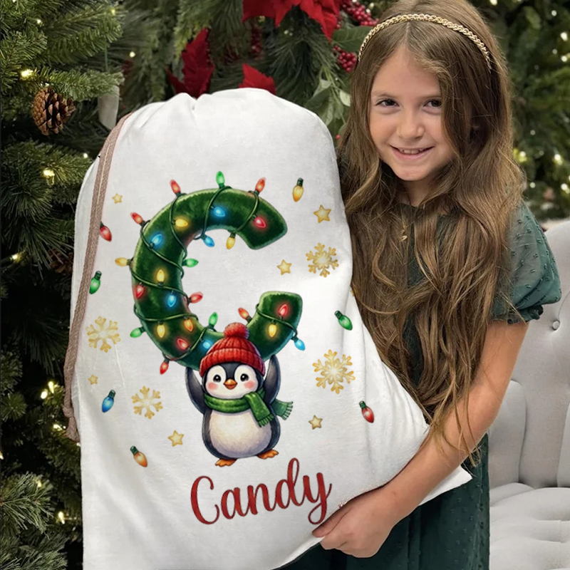 Personalized Christmas Gift Sack Custom Name Penguin Alphabet Santa Bag Holiday Present Storage For Kids