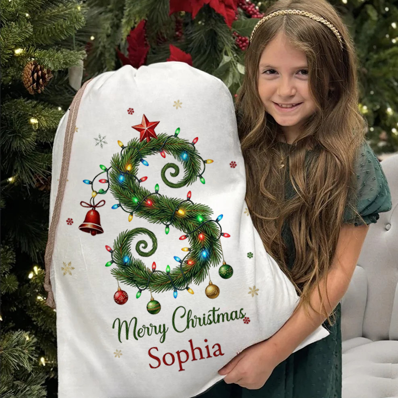 Personalized Christmas Gift Sack Custom Name Alphabet Tree Santa Bag Holiday Present Storage For Kids