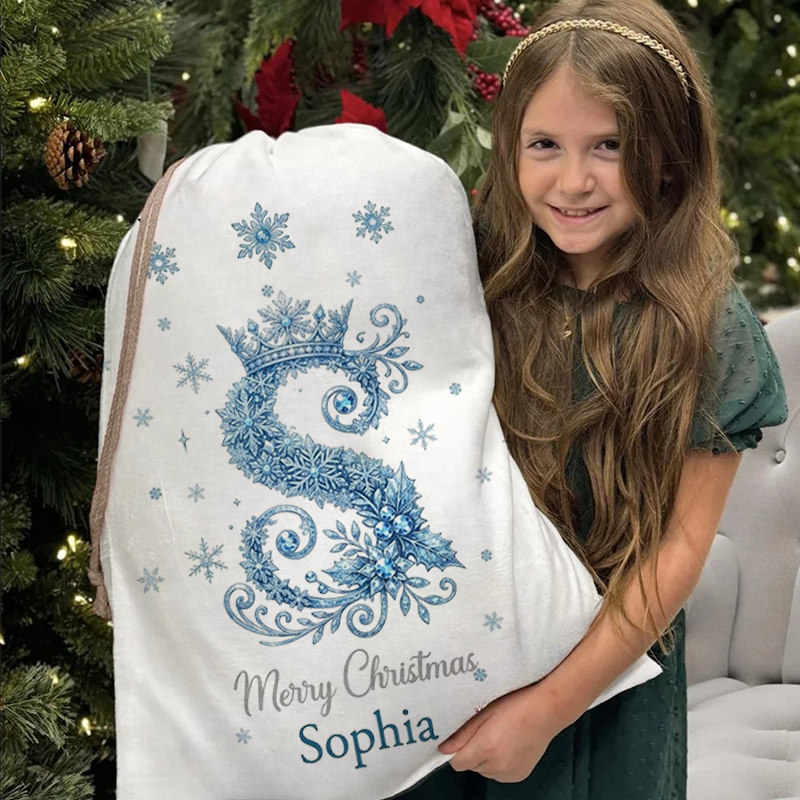 Personalized Christmas Gift Sack Custom Name Blue Snowflake Alphabet Santa Bag Holiday Present Storage
