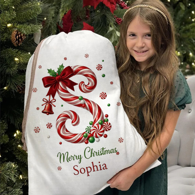 Personalized Christmas Gift Sack Custom Name Candy Cane Alphabet Santa Bag Holiday Present Storage