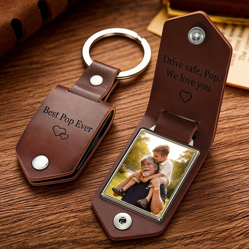 Personalized Engraved Leather Keychain with Photo Custom Daddy Keyring Drive Safe Gift for Dad Fathers Day Gift from Kids Anniversary Gift