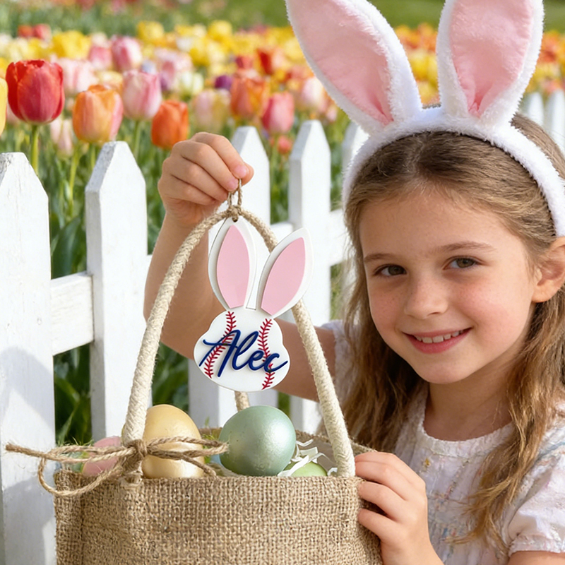 Personalized Baseball Easter Basket Tag Custom Name Bunny Label Gift for Kids on Easter Day