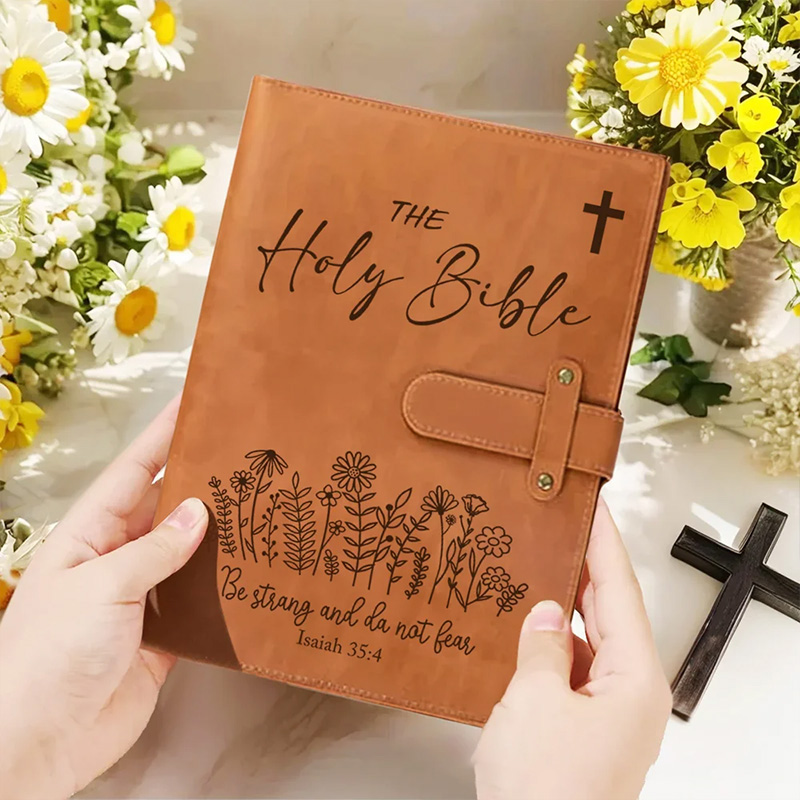 Personalized the Holy Bible Flower Portable A5 PU Leather Notebook Cover with Bible Chapter and Pocket Birthday Inspirational Gift for Christian