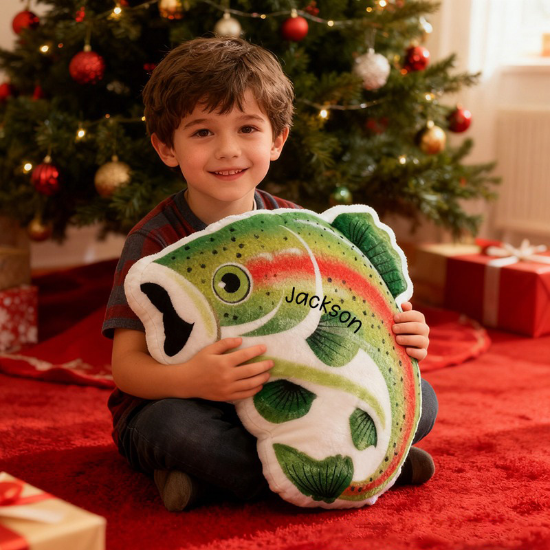 Personalized Fish Pillow Rainbow Trout Pillow Custom Name Graphic 3D Print Soft Plush Gift for Fishing Lovers Kids and Home Decor