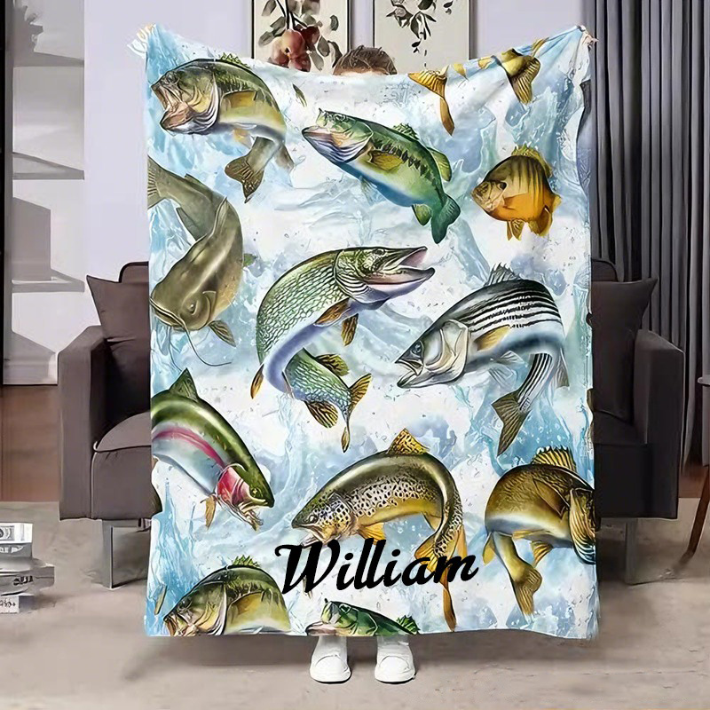 Personalized Fishing Blanket Soft and Warm with Vibrant Fish Design Custom Name Perfect for Anglers Home Camping or Unique Fishing Gifts