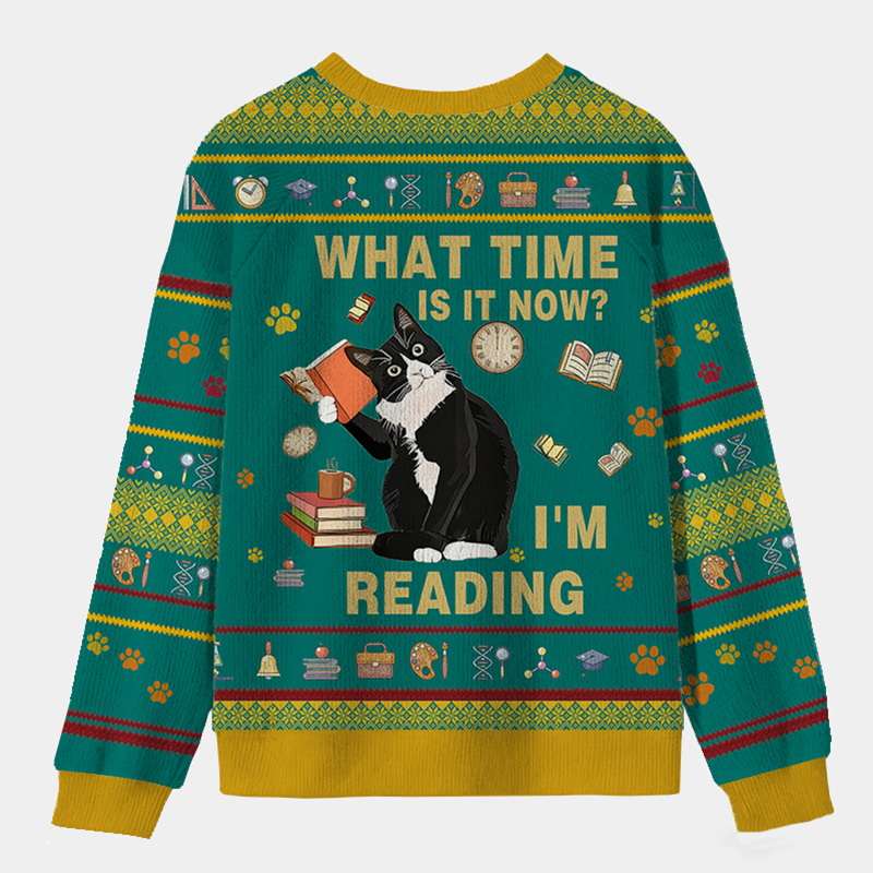 Personalized Book Loving Cat Reading Time Ugly Sweater Holiday Gift for Book Lovers