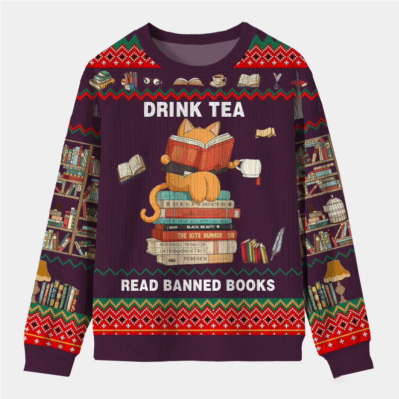 Personalized Rebel Reader Tea Time Ugly Sweater Holiday Gift for Book Lovers