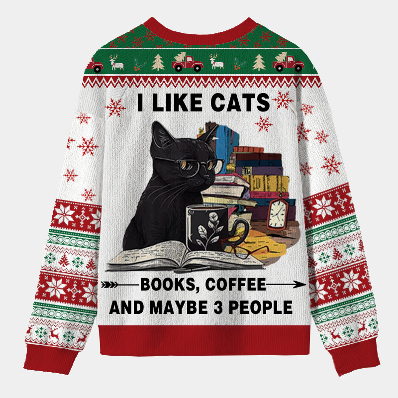 Personalized Reading Cat Relax Vibes Ugly Sweater Festive Gift for Bookworms