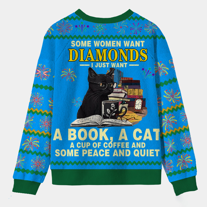 Personalized Bookish Cat Coffee Cozy Scene Ugly Sweater Holiday Gift for Book Lovers