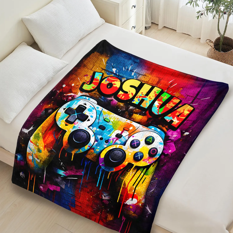 Personalised Custom Gaming Blanket with Name Blanket Kids Blanket Gamepad Blanket for Him Geek Lover