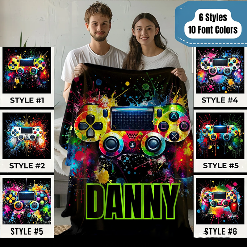 Personalized Gamer Blanket Custom Name Gaming Controller Throw for Kids Gift for Game Geek Lover