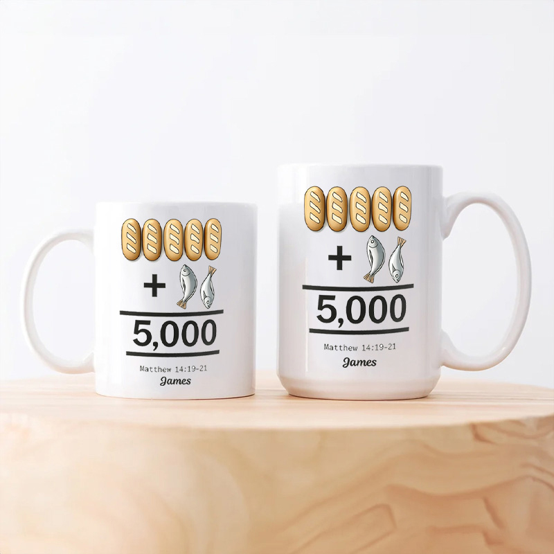 Personalized Five Loaves of Bread and Two Fish Ceramic Mug with Name Jesus Encouragement Coffee Mug Religious Christian Gift