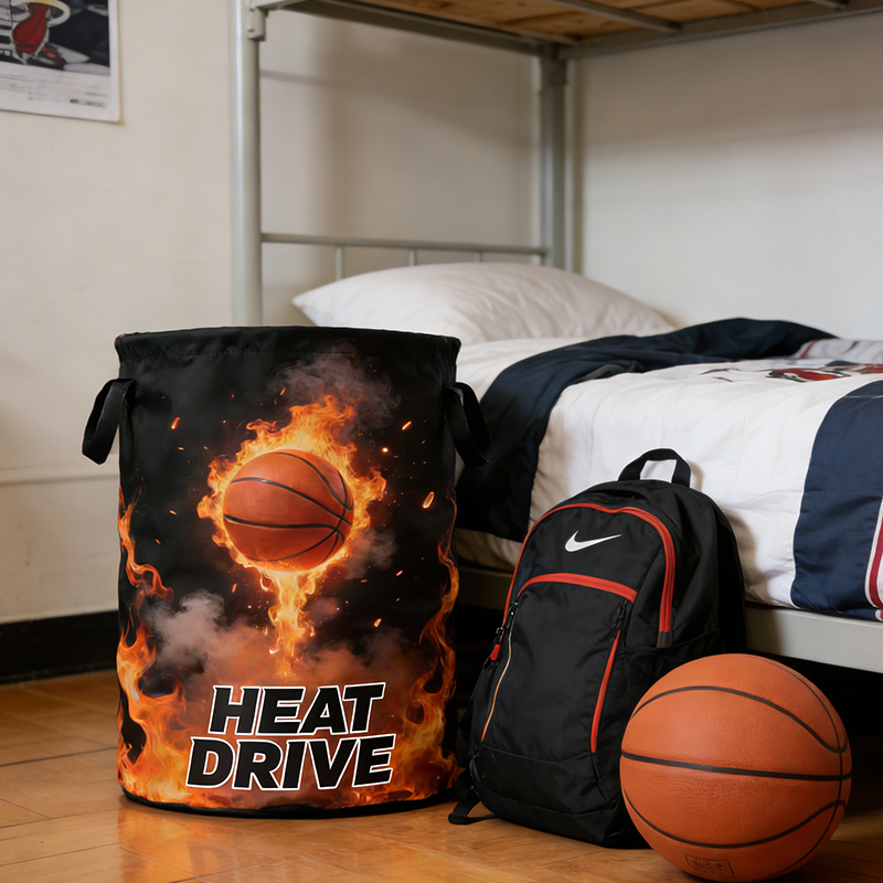 Personalized Flaming Basketball Storage Basket with Custom Text for Basketball Fans