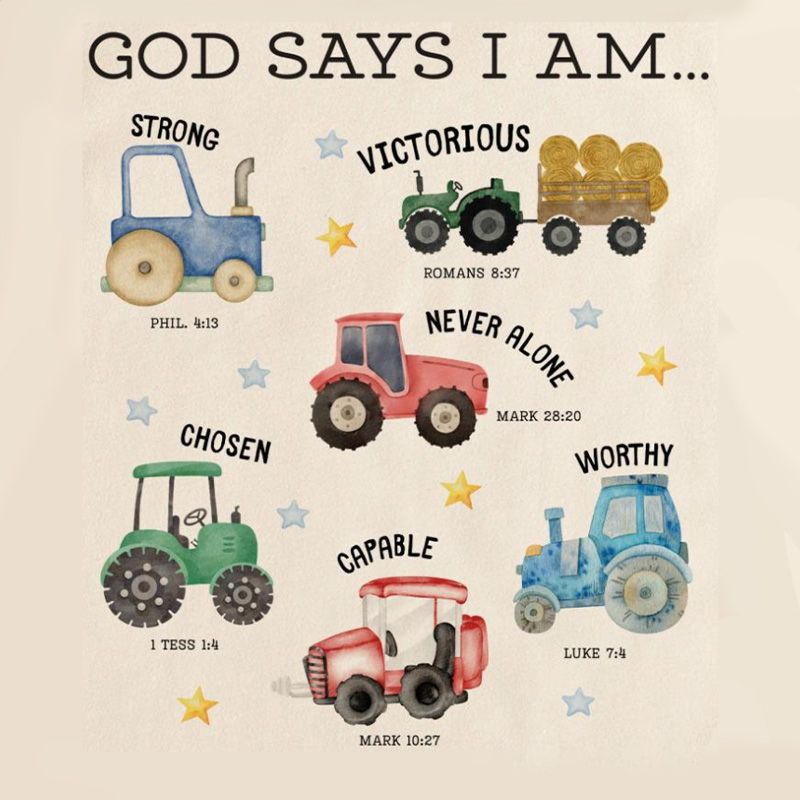 Personalized God Says I am Bible Verse Tractors Letter Pillow with Custom Name Kids Room Decor Religious Gift for Boys Scripture Baptism Gift 3D Print
