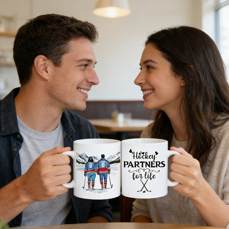 Personalized Couple’s Hockey Mug with Custom Names and Numbers for Hockey-Loving Couples