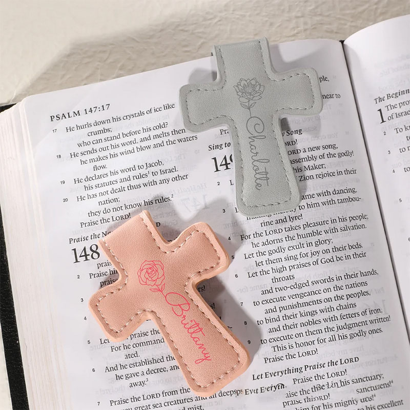 Personalized Birth Flower PU Leather Cross Magnetic Bookmark Clip with Name Reading Supplies First Communion Baptism Gift for Christians Bookworms