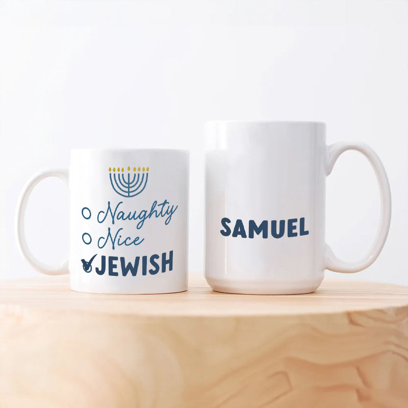 Personalized Naughty Nice Jewish Ceramic Mug with Name Hanukkah Coffee Mug Religious Gift Happy Hanukkah Gift for Jewish people