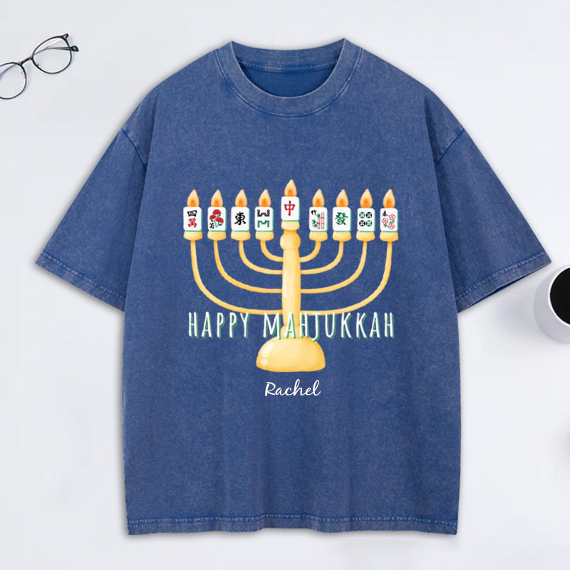 Personalized Hanukkah Mahjong Washed T-Shirt with Name Mahjong Lovers Holiday Shirt Mahj Funny Tee Jewish Holiday Gift Religious Funny Gift