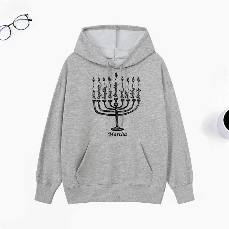 Personalized Peace Laughter Hanukkah Classic Hoodies with Name Unisex Hoodies Religious Gift Happy Hanukkah Gift for Jewish People