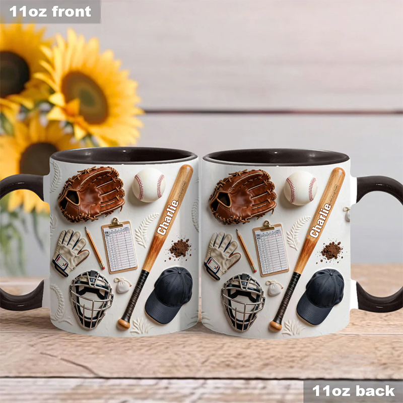 Personalized Baseball Mug with Custom Name and Sports Gear Artwork for Coaches and Baseball Fans