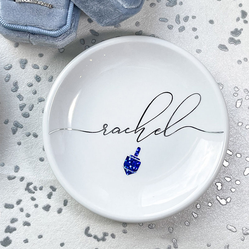 Personalized Hanukkah Ceramic Ring Dish with Custom Name Jewish Trinket Dish Dreidel and Star of David Jewelry Holder Happy Hanukkah Gift for Her
