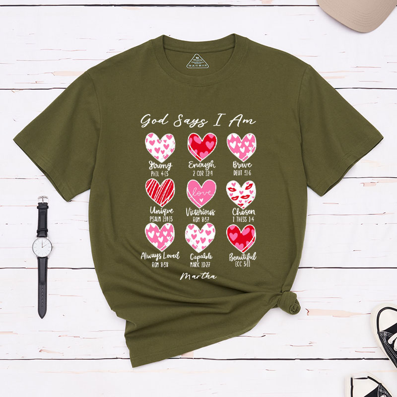 Personalized God Says I Am Valentine Classic T-Shirt with Custom Name Christian Bible Verse Shirt Heart Design Tee Valentine's Day Gift for Her