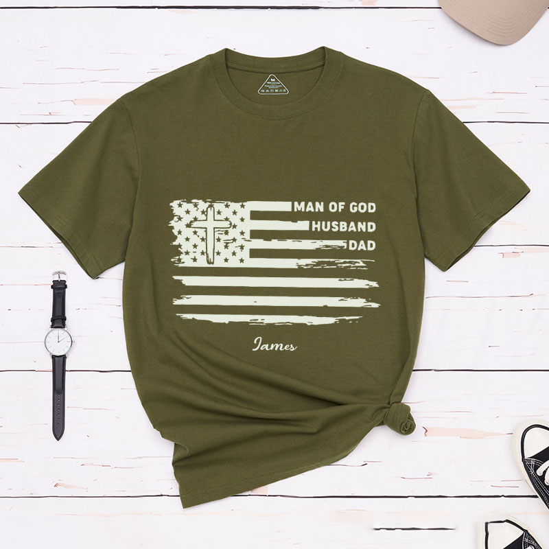 Personalized Man of God Husband Dad Classic T-Shirt with Name Christian Flag Shirt Religious Gift for Him