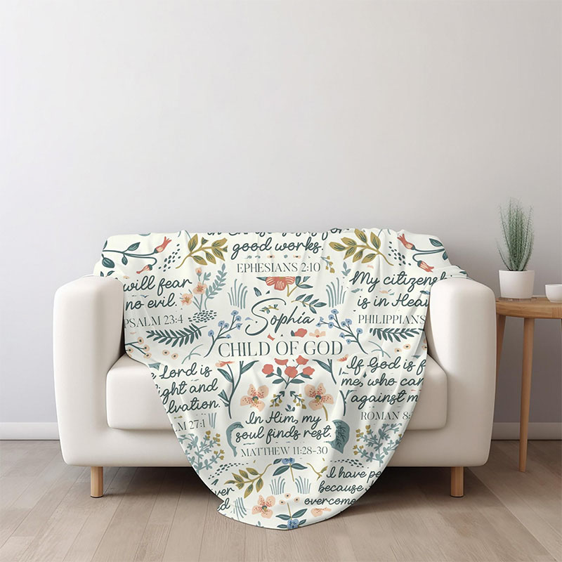 Personalized Child of God Inspiration Soft Throw Blanket with Custom Name Bible Floral Blanket Family Gift Christian Gift Religious Baptism Gift