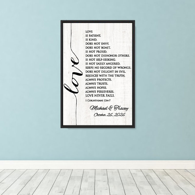Personalized Corinthians Bible Verse Frameless Poster with Custom Couple Names Wedding Wall Decor Religious Gift for Couple