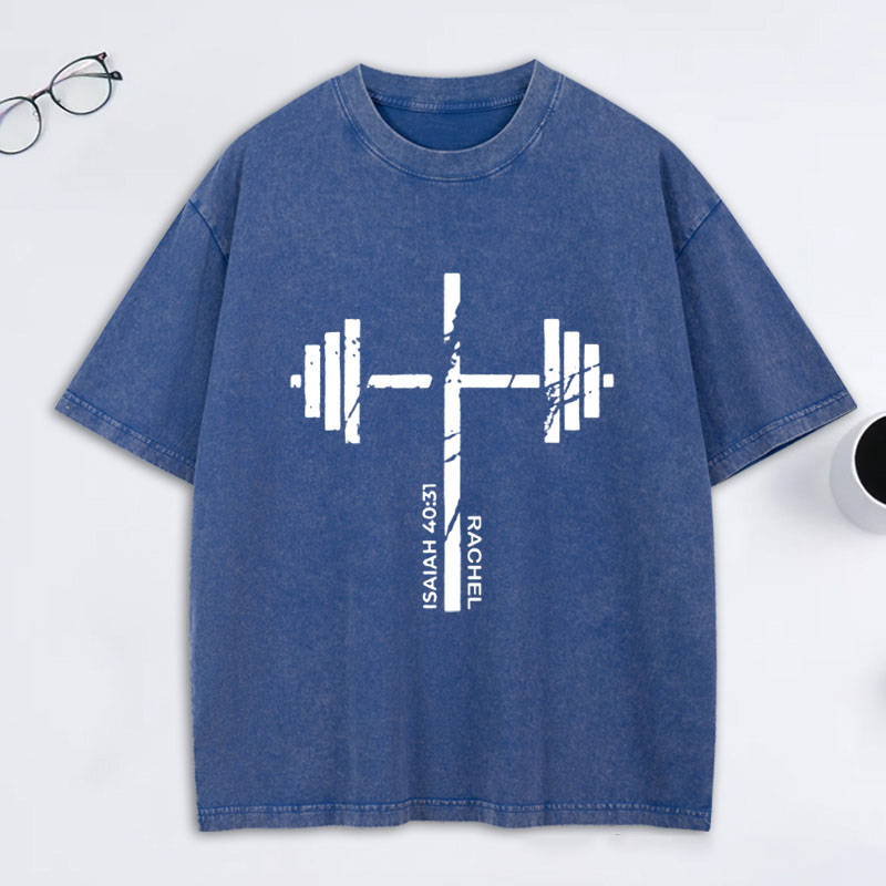 Personalized Christian Gym Cross Washed T-Shirt with Name Lift Heavy Pray Hard Shirt Faith Workout Top Jesus Fitness Apparel Religious Gift for Men
