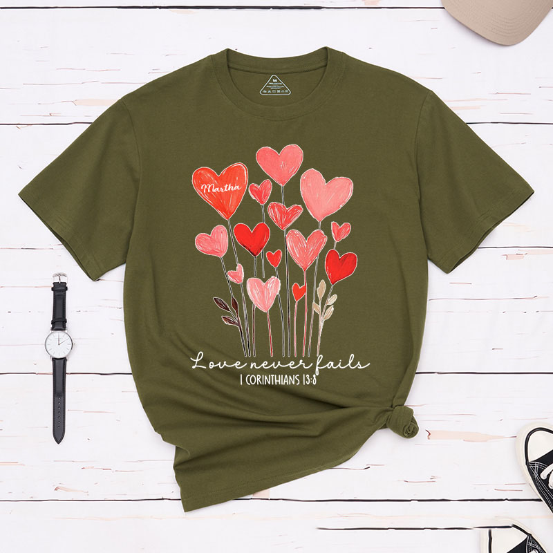 Personalized Love Never Fails Valentine Classic T-Shirt with Name Christian Shirt Heart Flower Design Tee Valentine's Day Gift for Her