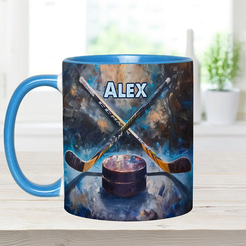 Personalized Ice Hockey Mug with Artistic Stick and Puck Design for Ice Hockey Enthusiasts