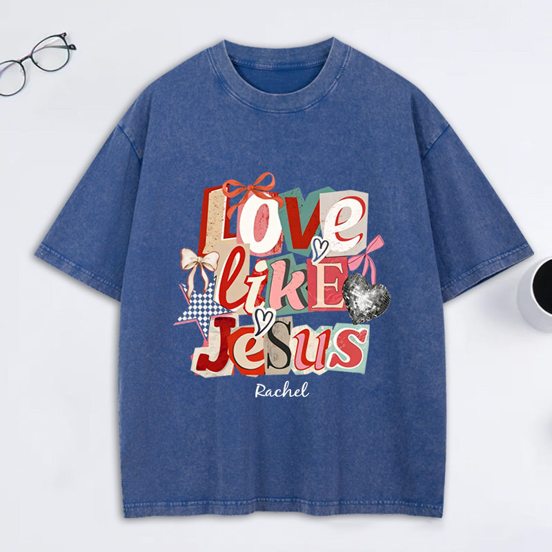 Personalized Love Like Jesus Vintage Washed T-Shirt with Custom Name Preppy Valentine’s Day Checkered Tee Coquette Jesus Shirt Valentine’s Day Gift