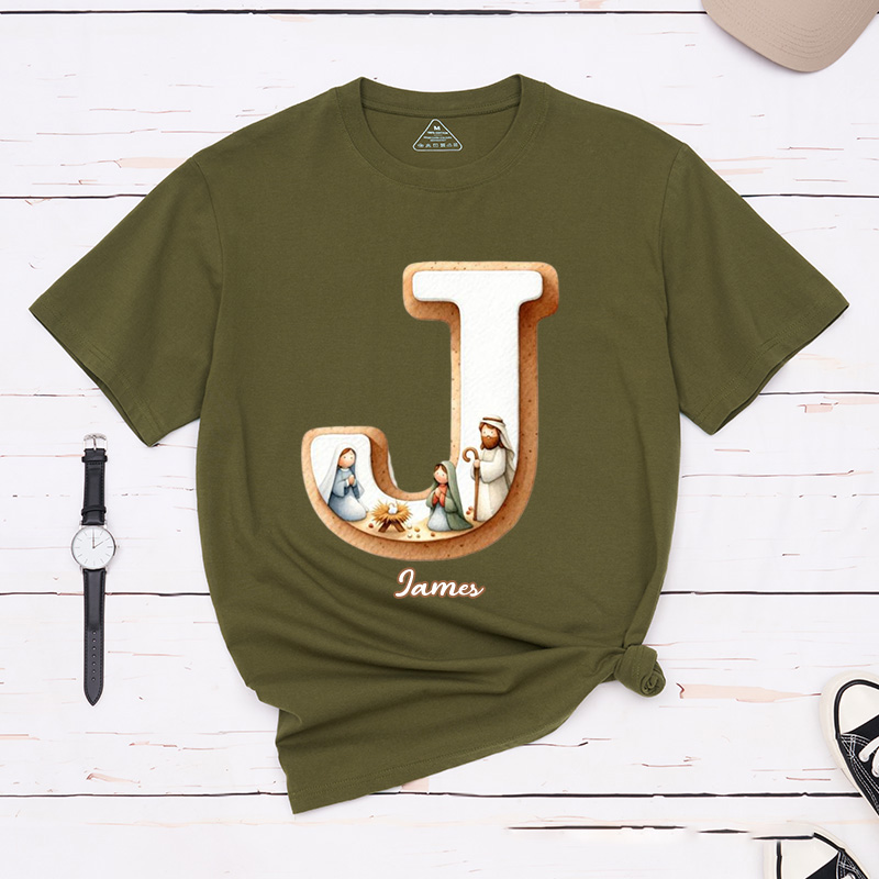 Personalized Nativity Scene Classic T-Shirt with Initial and Name Christian Shirt Religious Gift Faith Gift for Christians