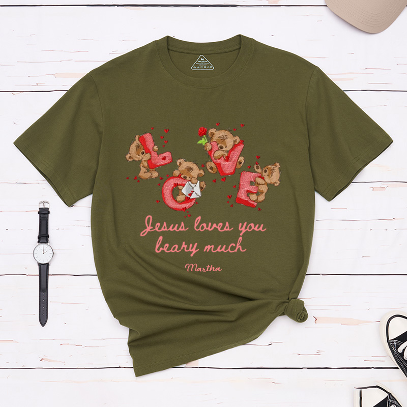 Personalized Jesus Loves you Beary Much Retro Bear Heart Valentine Classic T-Shirt with Name Christian Shirt Religious Gift Valentine's Day Gift for Her