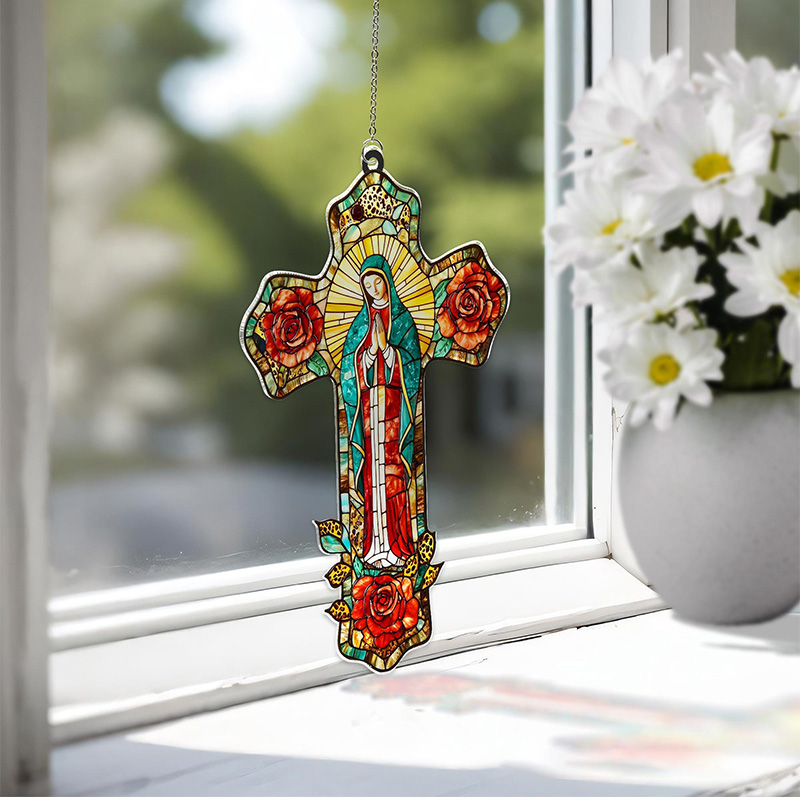 Personalized Lady of Guadalupe Cross Suncatcher with Custom Name Religious Virgin Mary Window Decor Mother of God Catholic Gift for Her