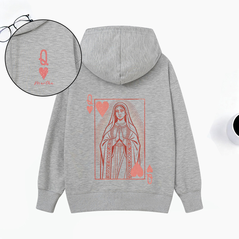 Personalized Virgin Mary Classic Queen of Hearts Hoodies with Custom Name Funny Valentines Day Sweatshirt Valentine Day Gift for Her