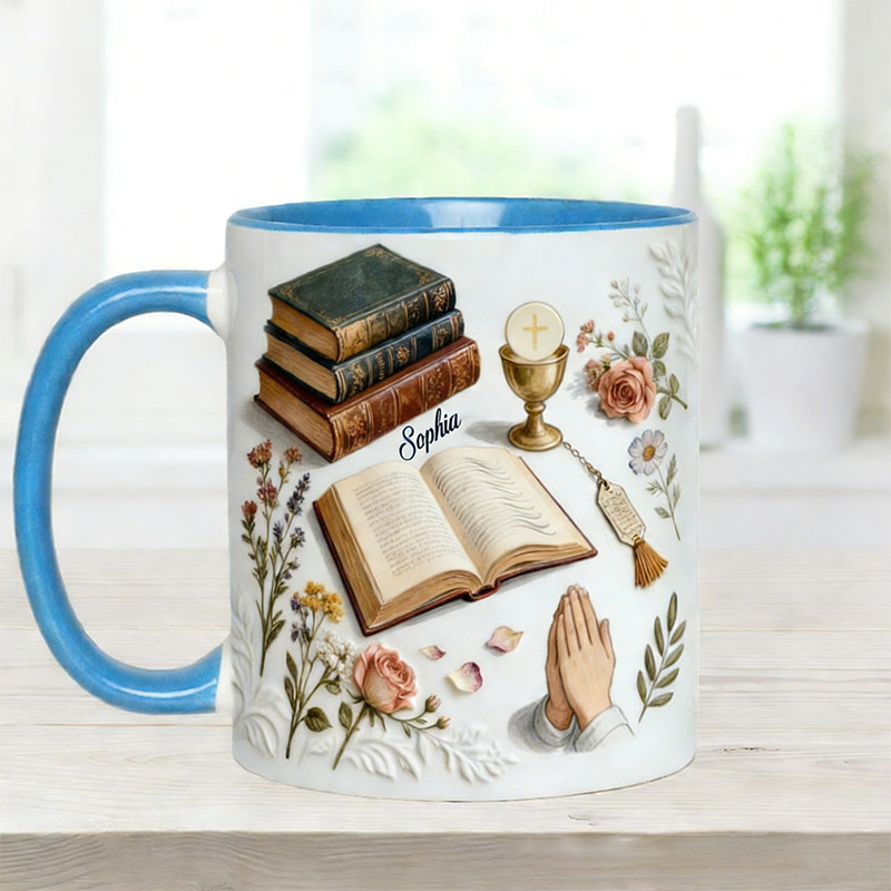 Personalized Just A Girl Who Loves Christ 11oz Ceramic Mug with Name Bible Prayer Hand Chalice Floral Coffee Cup Religious Christian Gift for Women