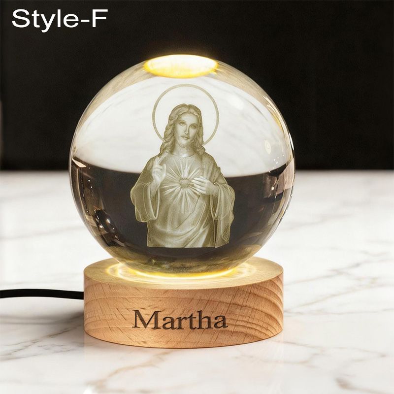 Personalized Cross 3D Engraved Crystal Ball Night Light With Custom Text in Wooden Base Home Decor Jesus Night Lamp Religious Gift Christmas Gift