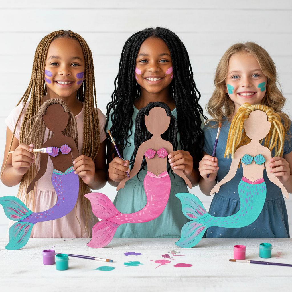 Personalized DIY Mermaid Self-portrait Craft Kit for Kids Wooden Painting and Yarn Hair Design with Custom Name