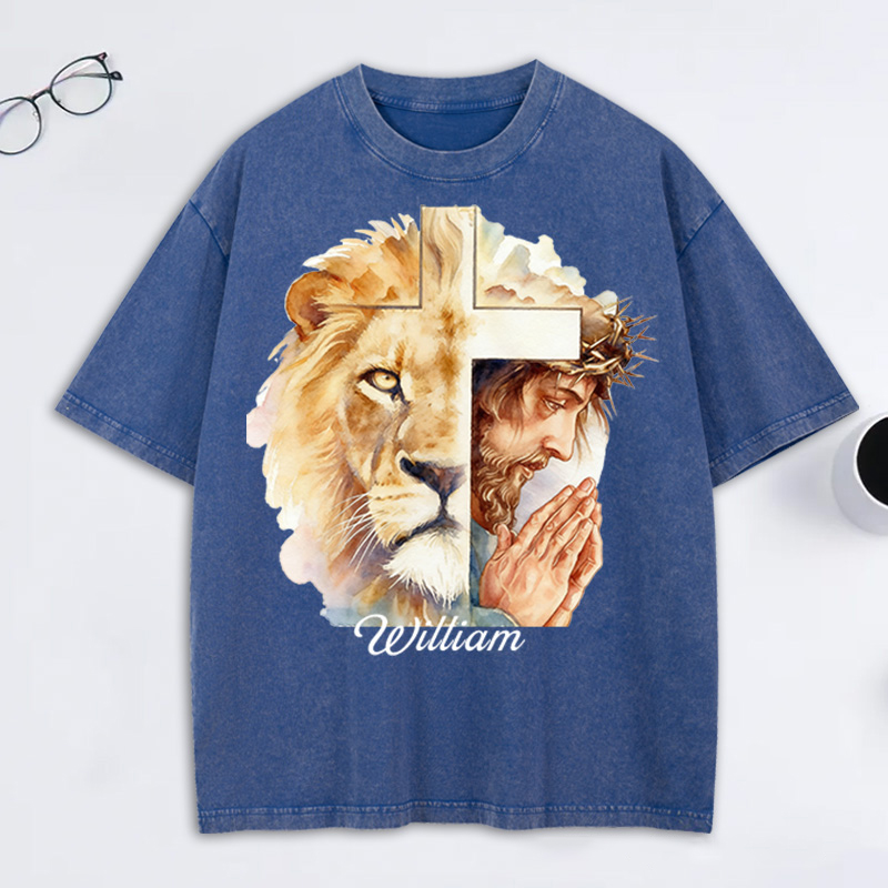 Personalized Man of God Lion of Judah Washed T-Shirt with Custom Name Jesus Tee Religious Gift Christian Gift for Men