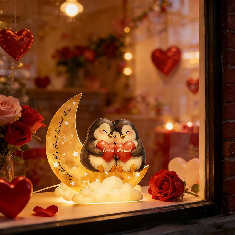 Personalized God Knew My Heart Needed You Penguin Couple Heart Star Moon Acrylic LED Night Light with Name and Text Valentine's Day Gift for Couple