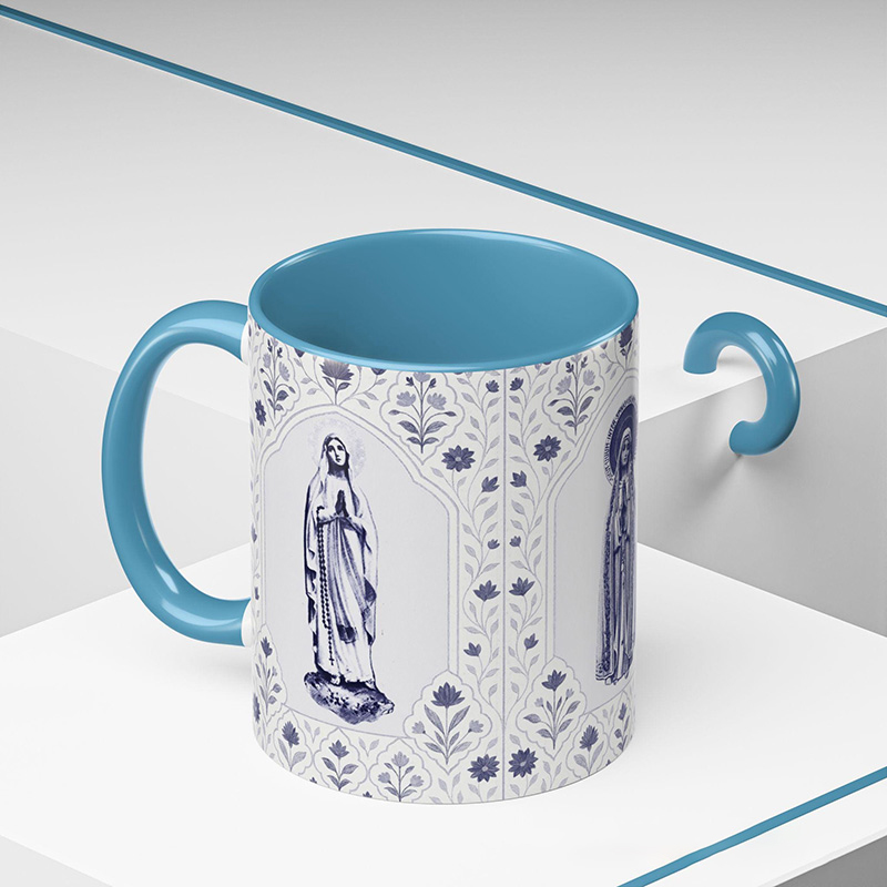 Personalized Vintage Blue Virgin Mary 11oz Ceramic Mug with Custom Name Floral Catholic Our Lady Coffee Mug Marian Coffee Cup Catholic Gift for Women