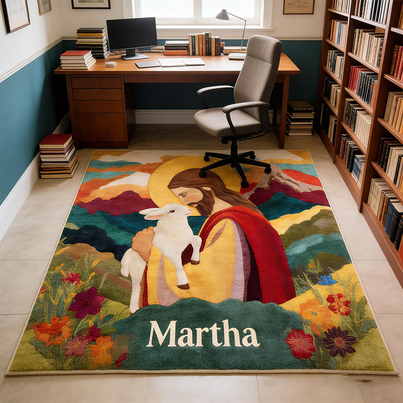 Personalize Jesus and Lamb Rug with Custom Name Religious Rug for Women Faith Based Gift Christian Gift for Her