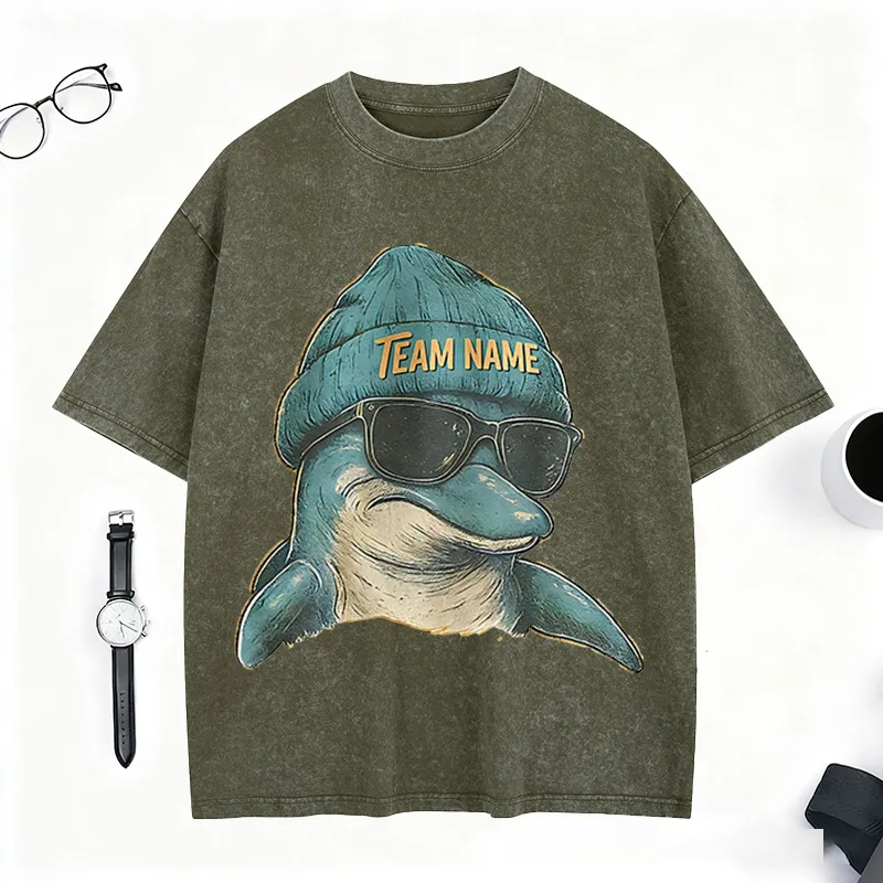 Personalized Retro Football Mascot T-Shirt with Dolphin Graphic and Team Name for Football Fans  