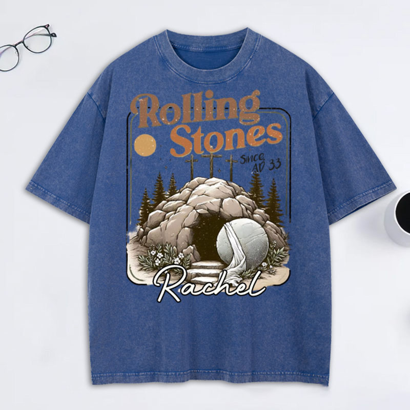Personalized Rolling Stones Washed T-Shirt with Custom Name Christian Shirt Religious Christian Gift Easter Gift for Christians