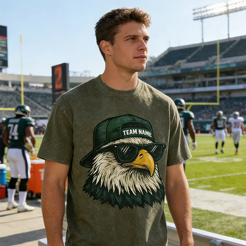 Personalized Football Mascot Washed T-Shirt with Cool Eagle Design and Custom Team Name